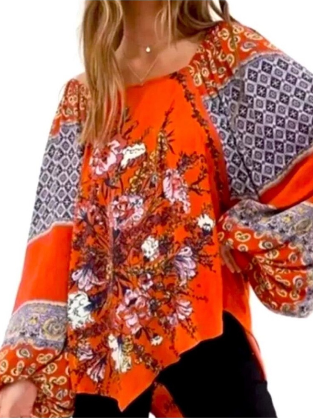Free People Fall Top XS Oversized Small Blouse Flowy Cottage Boho Billowy Fairy